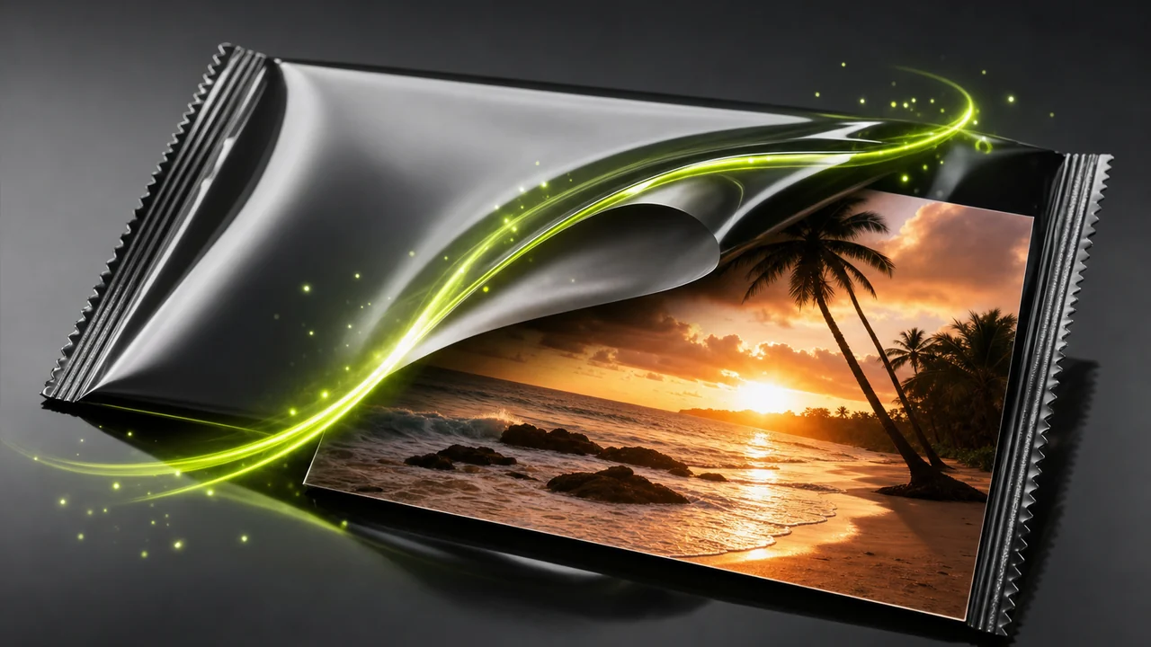A glossy sealed wrapper peeled halfway back to reveal a flat glossy photograph underneath, lime ribbon along the peel, created with Pixazo AI