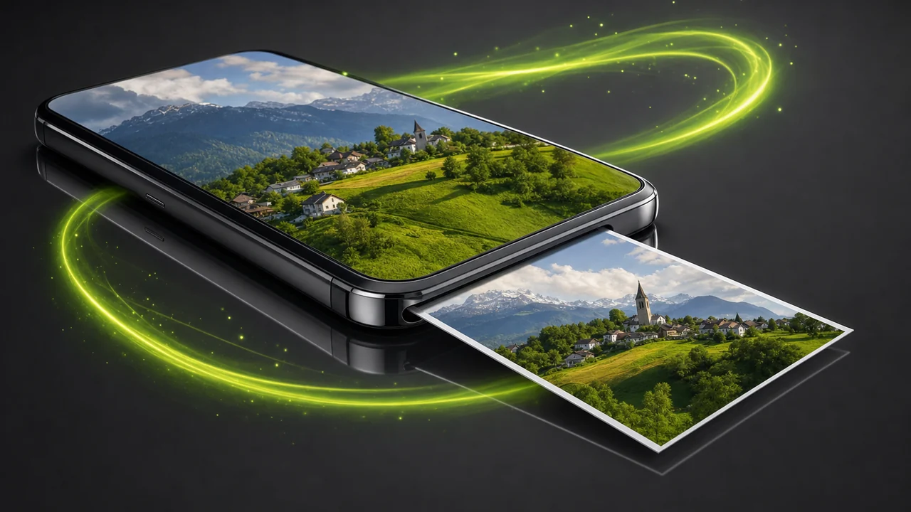 A glossy phone-shaped slab lying flat with one photo card sliding out of its edge onto a reflective bench, created with Pixazo AI