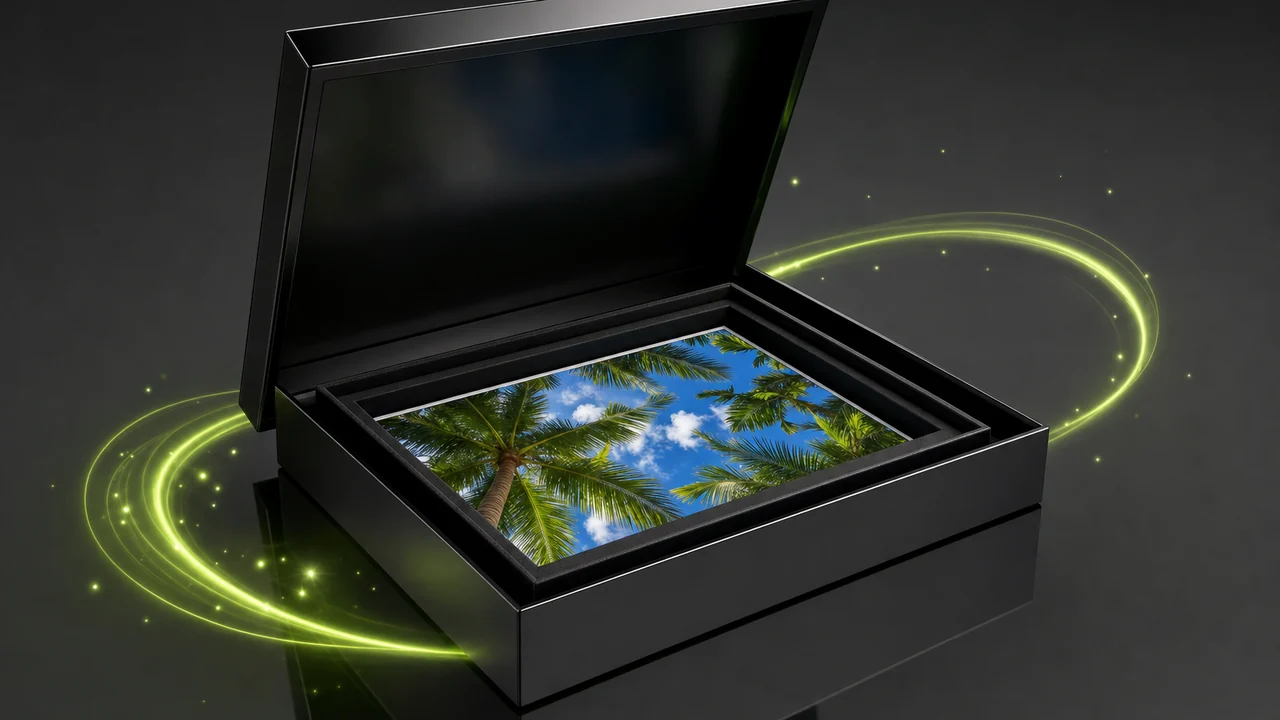 A glossy nested pair of open boxes, the inner one holding one flat photograph, created with Pixazo AI