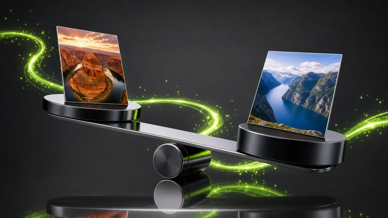 Two glossy weight discs of very different thickness balanced on a reflective seesaw, a photo card on each, created with Pixazo AI
