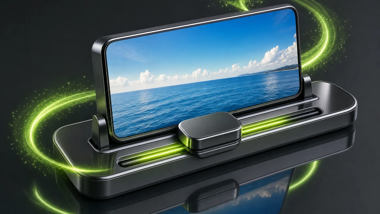 A glossy sliding fader travelling along a reflective rail, lime glow marking its travel, created with Pixazo AI