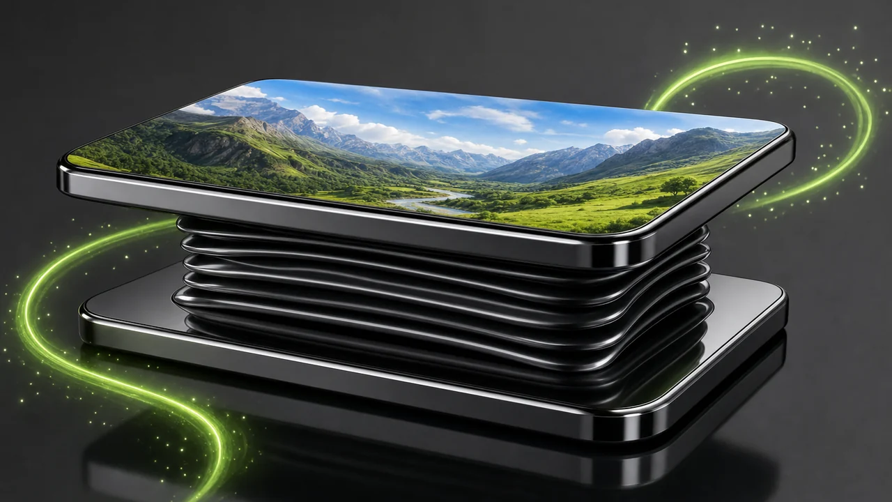 A glossy bellows chamber squeezed thin between two reflective plates, created with Pixazo AI