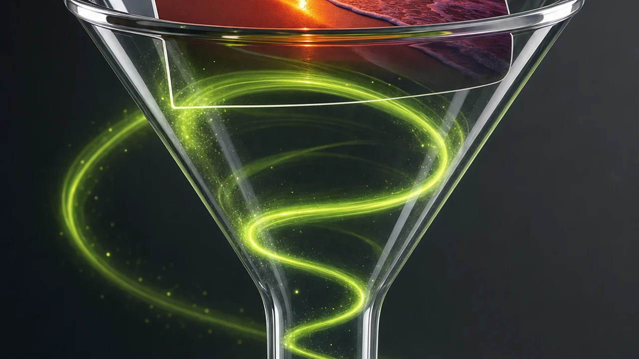 A glossy funnel with a wide photo card entering the top and a slim card leaving the bottom, lime ribbon spiralling inside, created with Pixazo AI