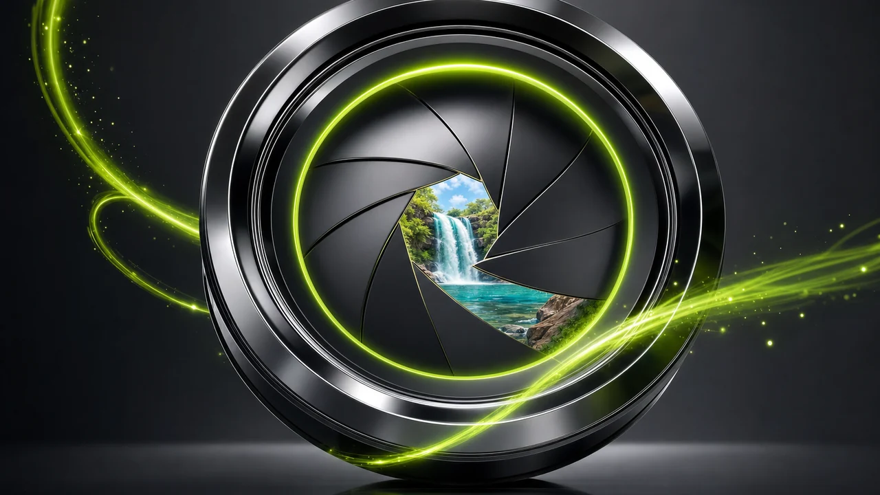 A glossy iris diaphragm closing to a small aperture, lime rim glow, a photograph visible through the opening, created with Pixazo AI