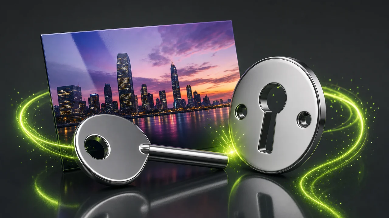 A glossy key with no teeth resting beside a glossy sealed lock plate, lime sparks where they do not meet, created with Pixazo AI
