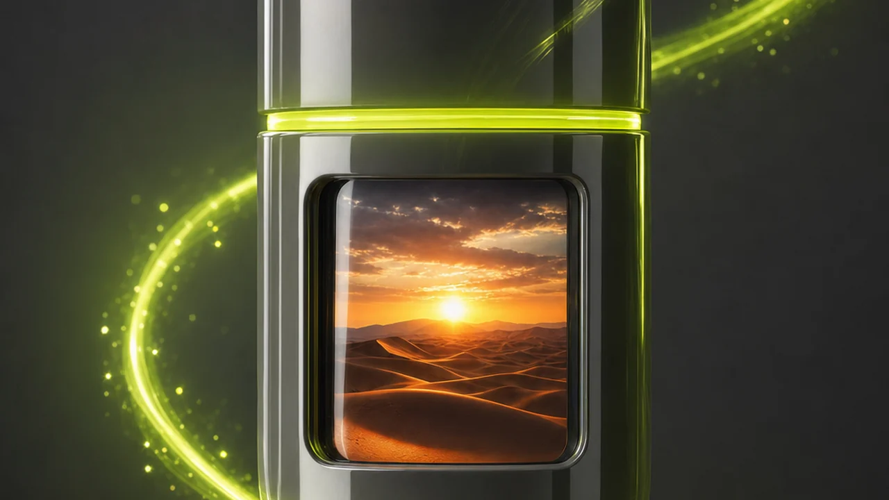A glossy sealed capsule with a photo card visible through a small window in its side, lime ribbon wrapping the seam, created with Pixazo AI