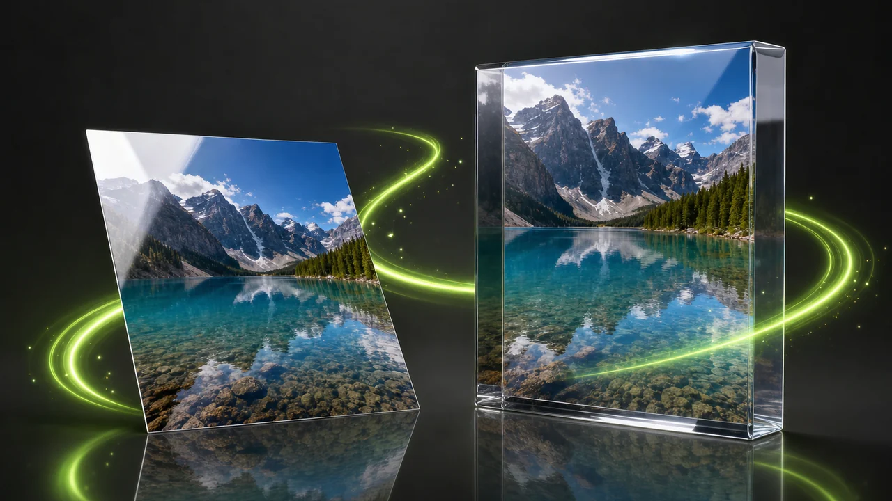 A glossy loose photo card on the left and the same card packed inside a glossy sealed block on the right, created with Pixazo AI
