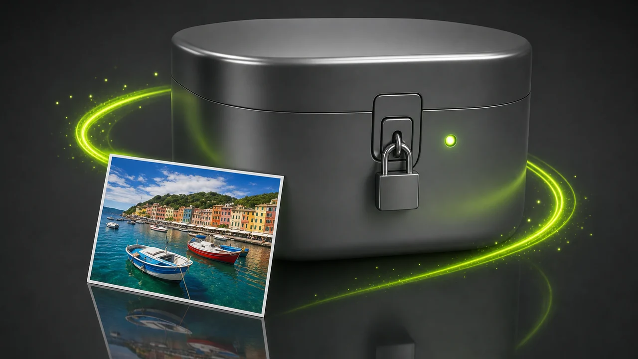 A glossy padlocked hatch on a smooth container, one lime indicator glowing beside it, created with Pixazo AI