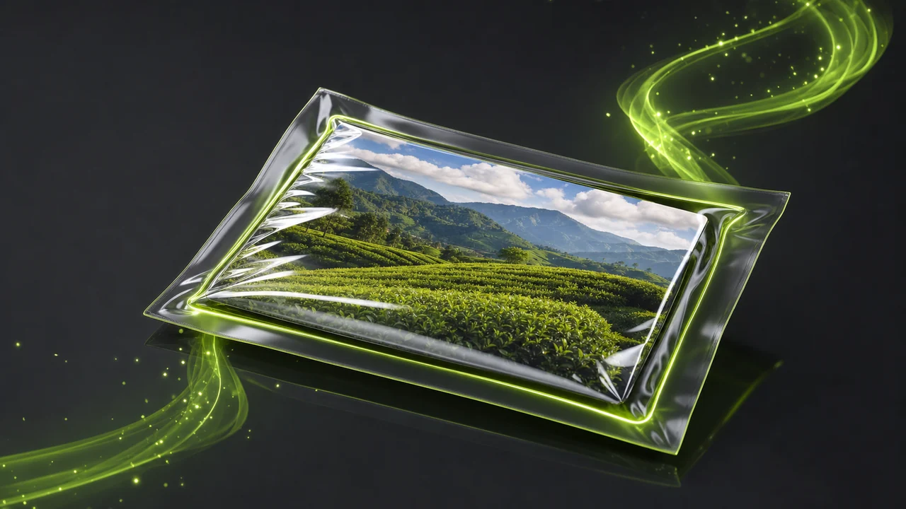 A glossy vacuum-sealed pouch drawn tight around a flat photo card, lime glow along the seal line, created with Pixazo AI