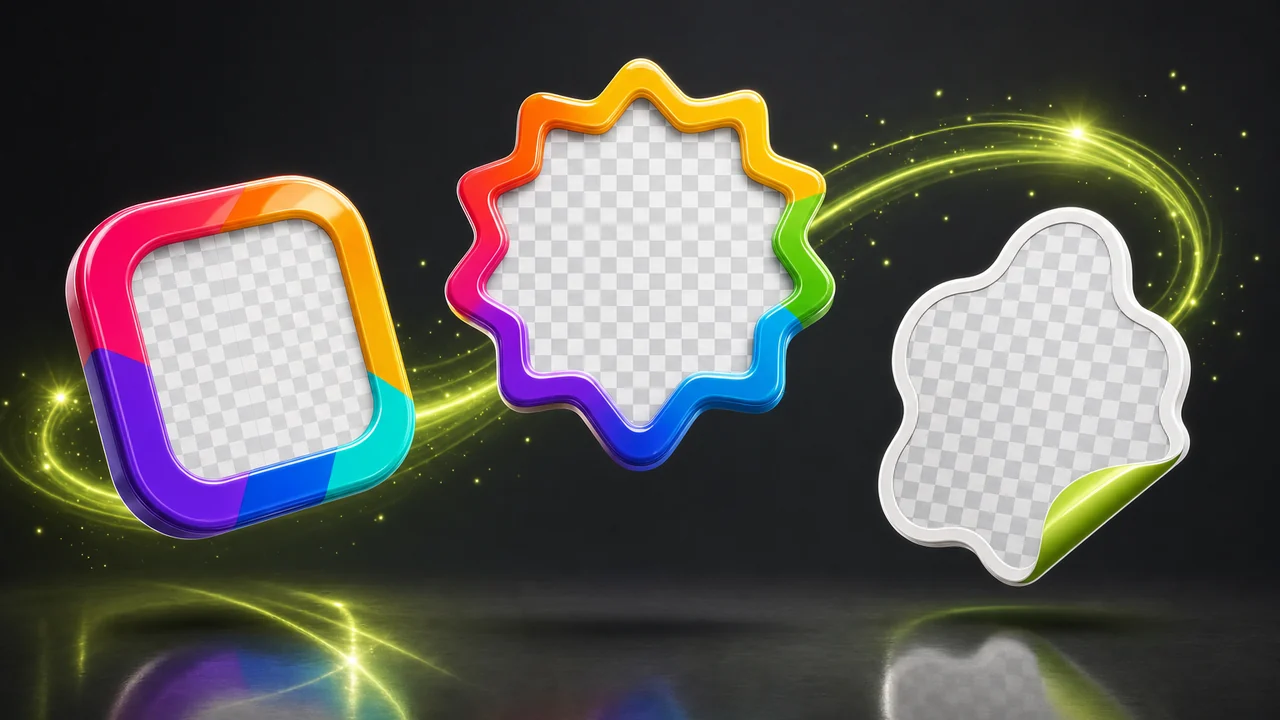 Three cut-out assets, a rounded app icon, a circular badge and a die-cut sticker, floating as crisp silhouettes above a transparency checkerboard plane, created with Pixazo AI
