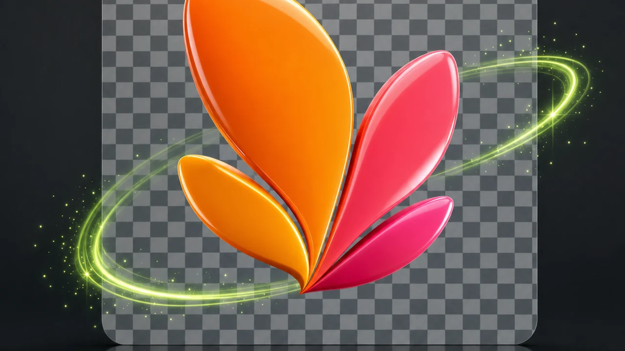 The same orange and pink petal logo mark cut cleanly with no rectangle around it, floating above a grey transparency checkerboard, created with Pixazo AI