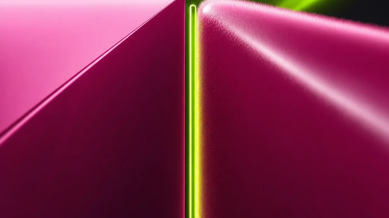 Extreme macro of two adjacent edges of a magenta shape, the left edge razor sharp and the right edge soft and fringed, the two split by a thin lime line, created with Pixazo AI