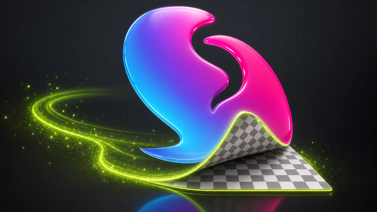 A die-cut glossy logo shape in a blue-to-magenta gradient peeling up off a transparency checkerboard sheet, its cut edge glowing lime, created with Pixazo AI