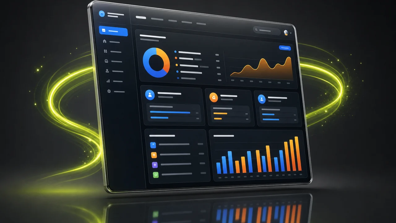 A glossy panel floating above a reflective floor showing crisp colourful interface elements rendered razor sharp, a lime energy ribbon threading behind it, created with Pixazo AI