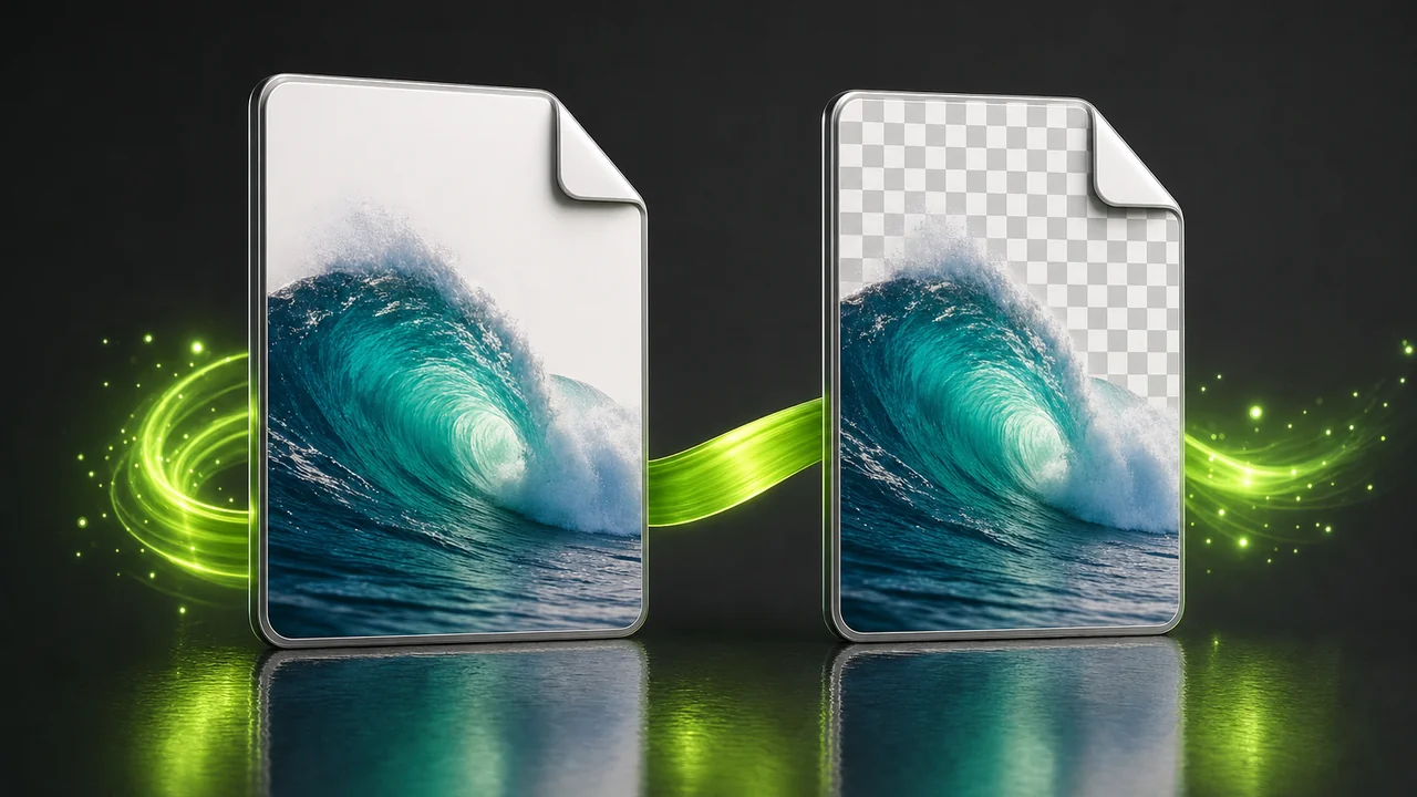 Two glossy file cards of the same teal ocean wave on a transparency checkerboard surface, the left with a solid background behind the picture and the right with the checkerboard showing through, created with Pixazo AI