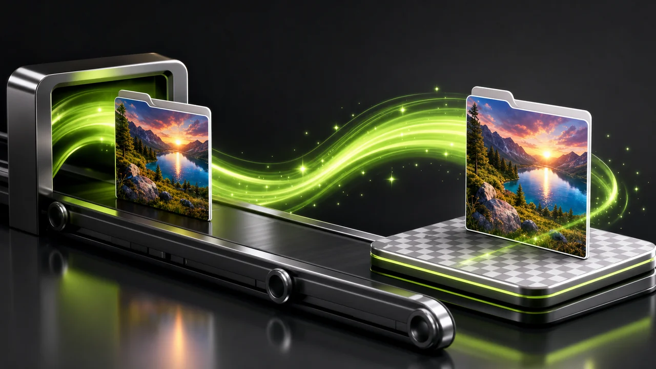 A conveyor rail carrying a colourful photo card in from the left on a lime ribbon, with an identical card leaving at the right standing on a transparency checkerboard base, created with Pixazo AI
