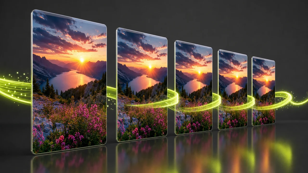 Five identical glossy cards of the same colourful photograph receding in a row, every card equally crisp, a lime ribbon threading through all of them, created with Pixazo AI