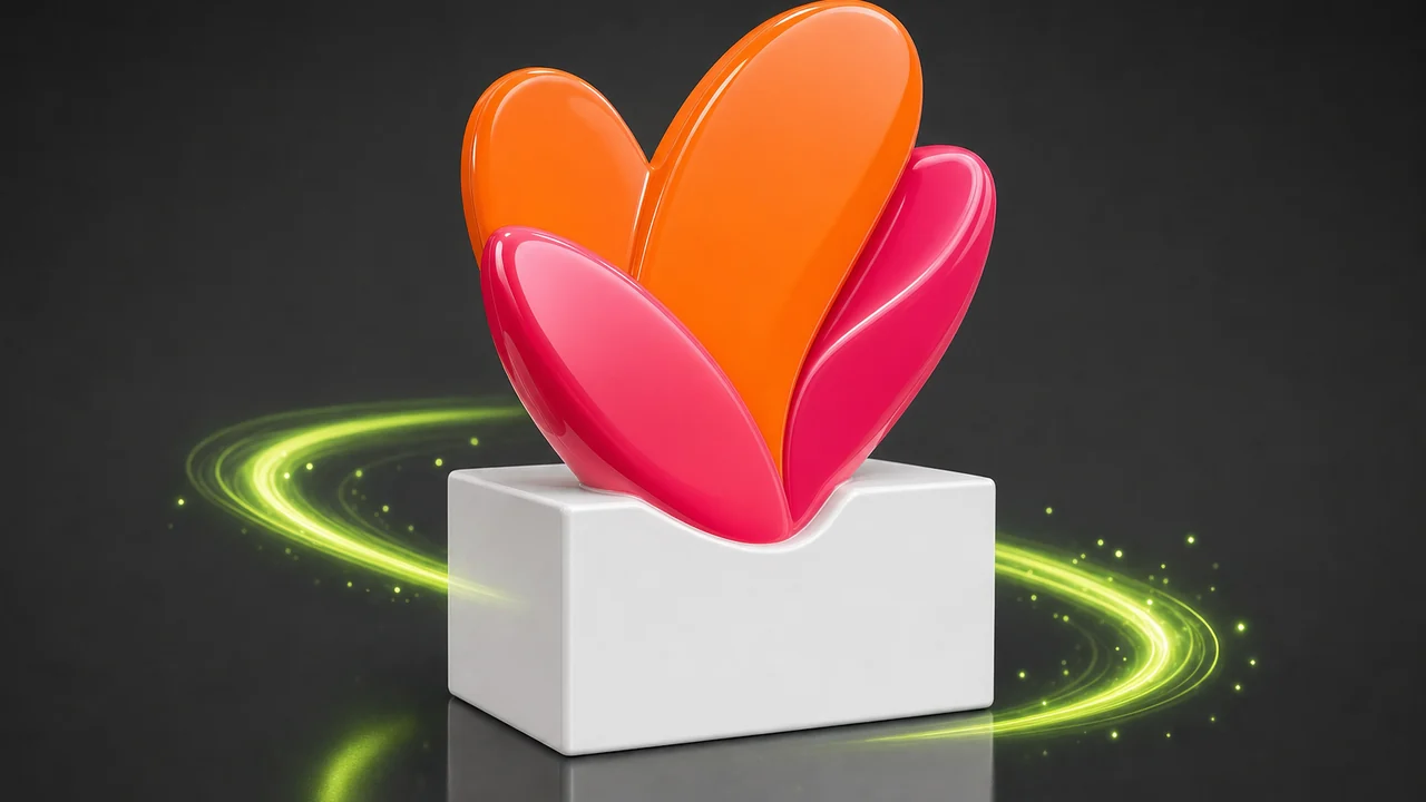 An orange and pink petal logo mark welded onto a hard solid white rectangle, the rectangle's straight edges obvious where they meet the dark surround, created with Pixazo AI
