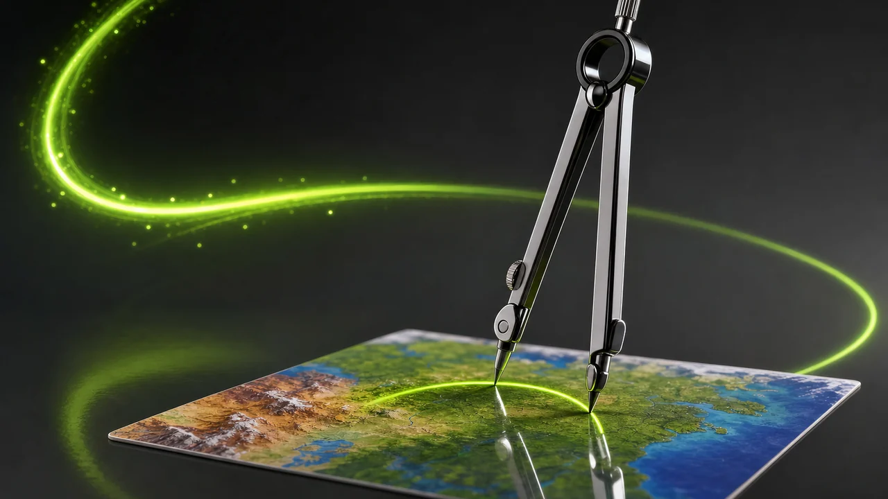 A glossy pair of drafting compasses standing on a reflective bench beside a lime arc drawn on a glossy card, created with Pixazo AI