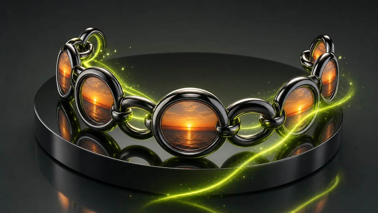 A glossy chain of linked rings curving across a reflective plinth, lime light along the links, created with Pixazo AI