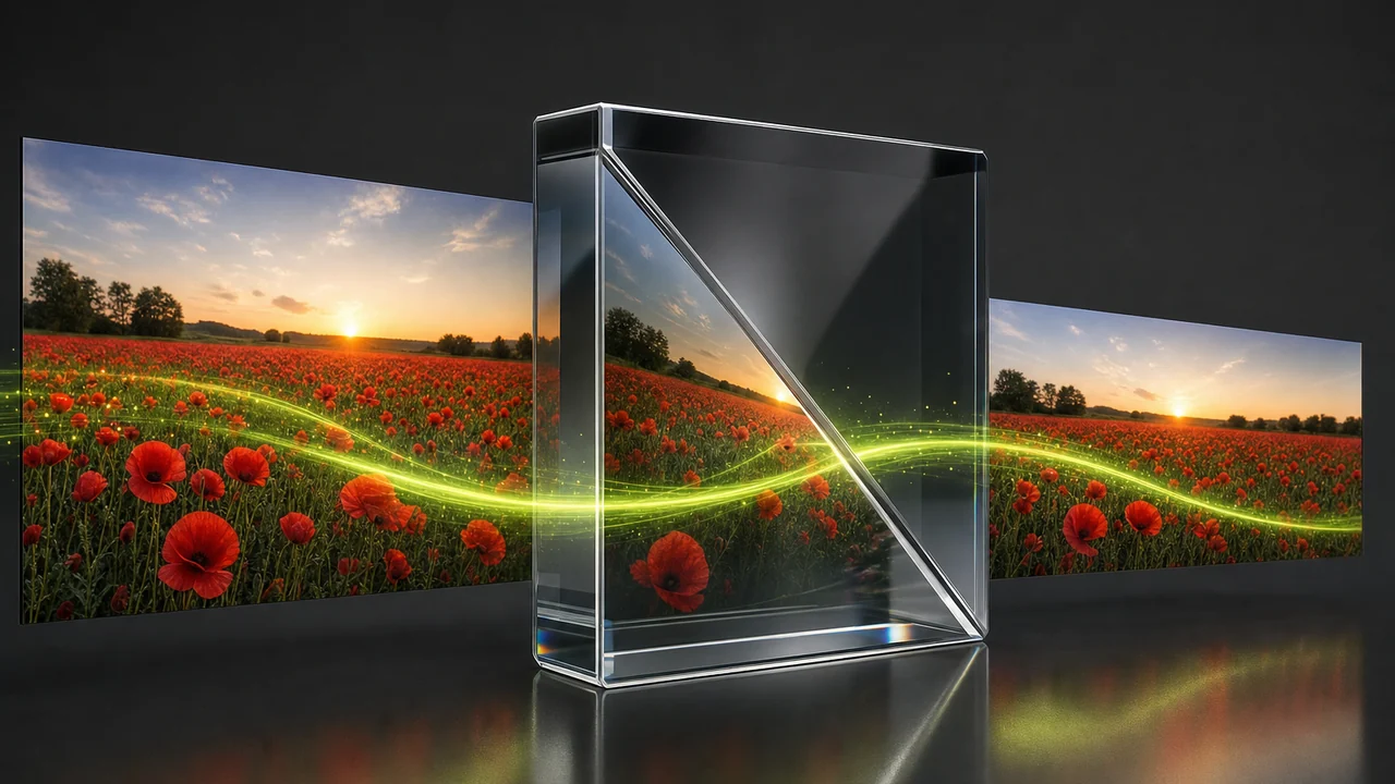 A glossy split-lens optical block with the same photograph entering one side and leaving the other, thinner, created with Pixazo AI
