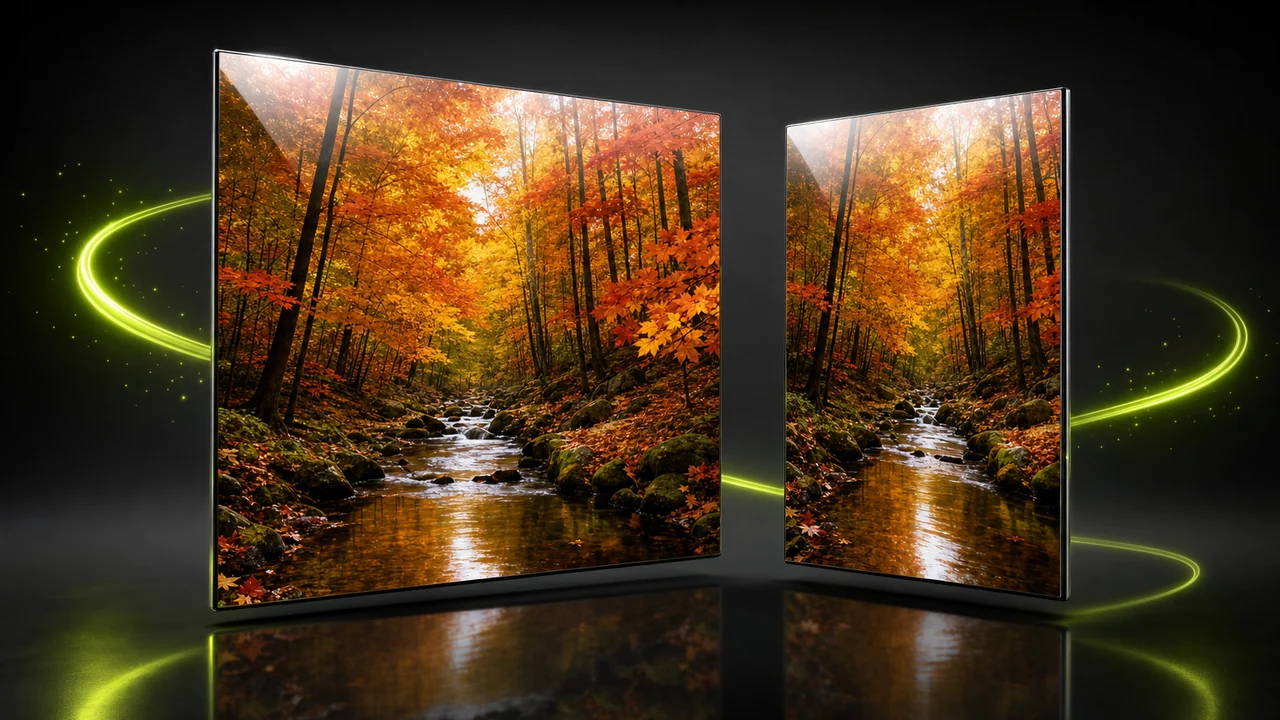 Two identical glossy picture panels floating side by side above a reflective floor, the right one slightly thinner, created with Pixazo AI