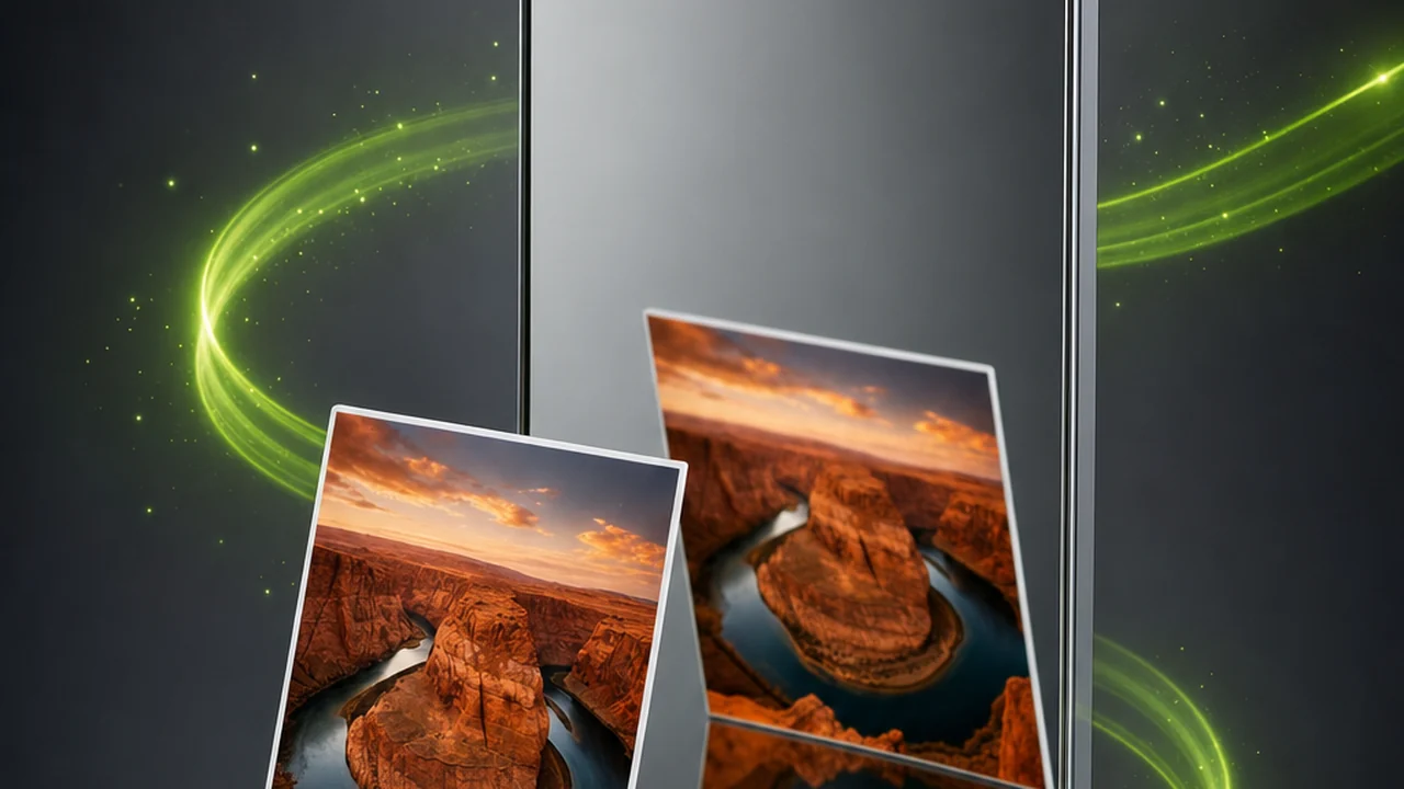 A glossy mirror standing on a reflective plinth, a small photo card in front of it and its reflection behind, created with Pixazo AI