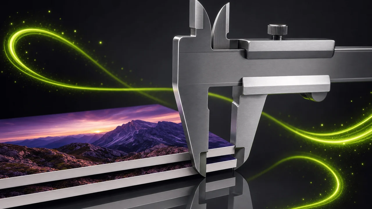 A glossy pair of callipers measuring the thickness of two stacked photo cards, created with Pixazo AI