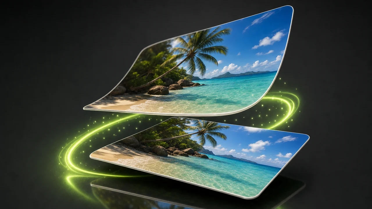 Two glossy stacked photo cards mid-air, the upper one peeling away from the lower, lime sparkles between them, created with Pixazo AI