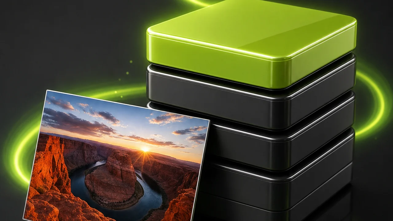 A glossy tower of stacked storage drives, the top one glowing lime, a photo card leaning on the stack, created with Pixazo AI
