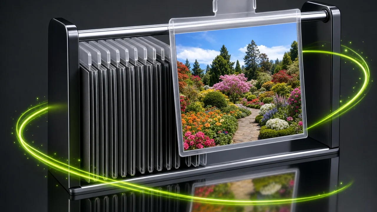 A glossy hanging file rail with one bright photo sleeve lifted clear of the rest, created with Pixazo AI