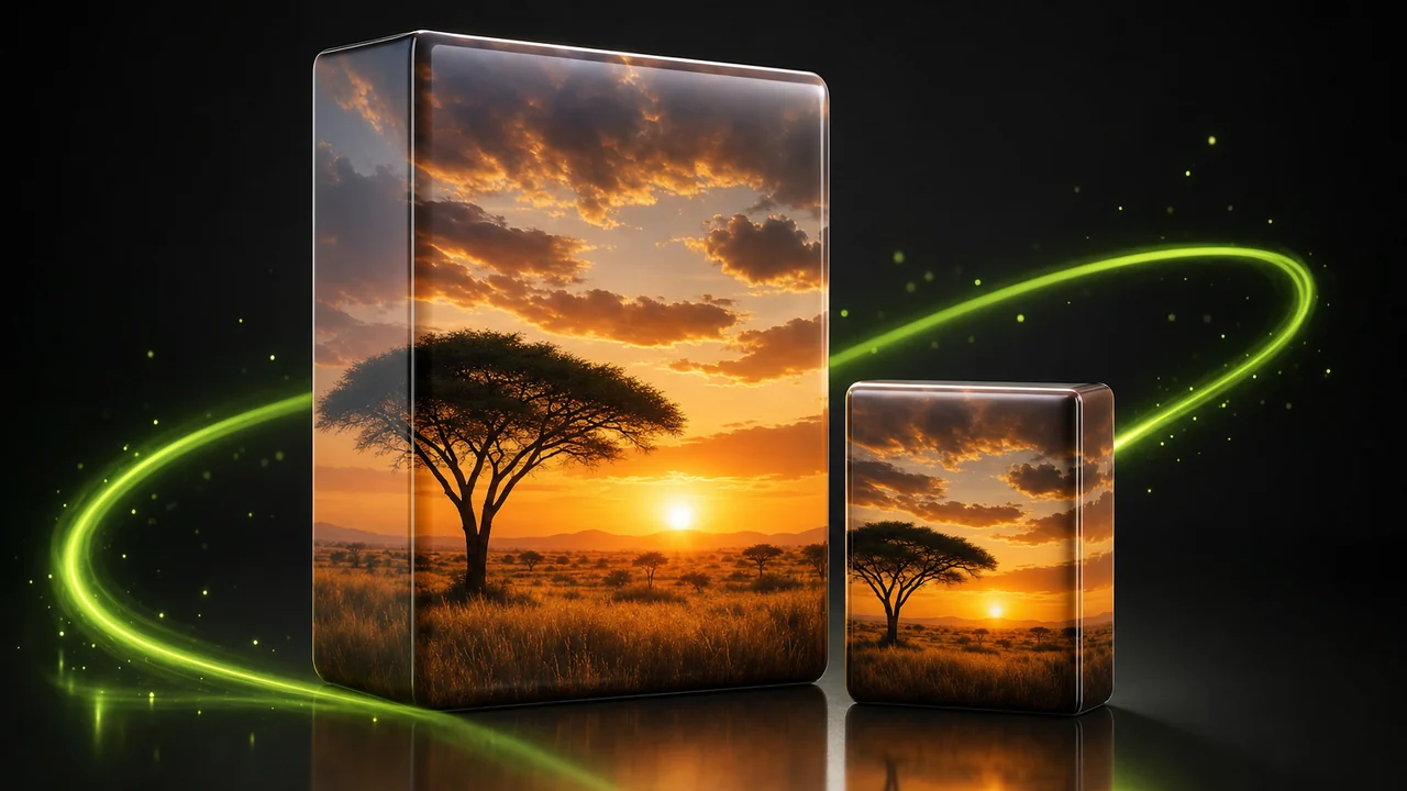 Two glossy boxes side by side on a reflective floor, one large and one small, both holding the same picture, created with Pixazo AI