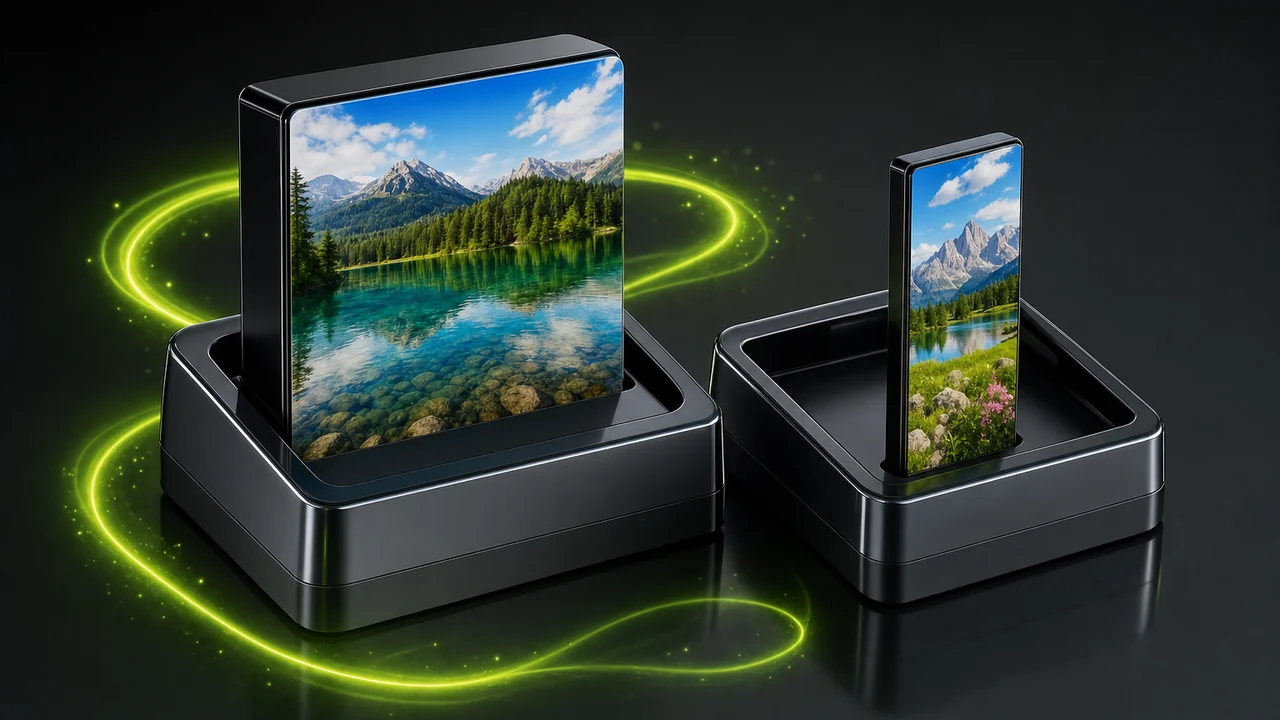Side by side storage slots showing a wide lossless PNG block next to a compact compressed still, created with Pixazo AI