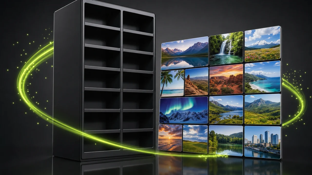 A phone camera roll grid beside labelled storage slots showing which pictures earn a place on the device, created with Pixazo AI