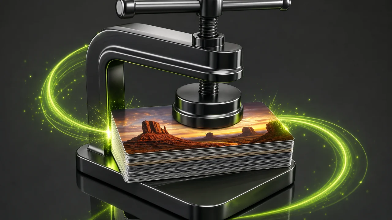 A glossy compressing clamp squeezing a tall stack of glossy cards down to half its height, lime sparks at the jaws, created with Pixazo AI