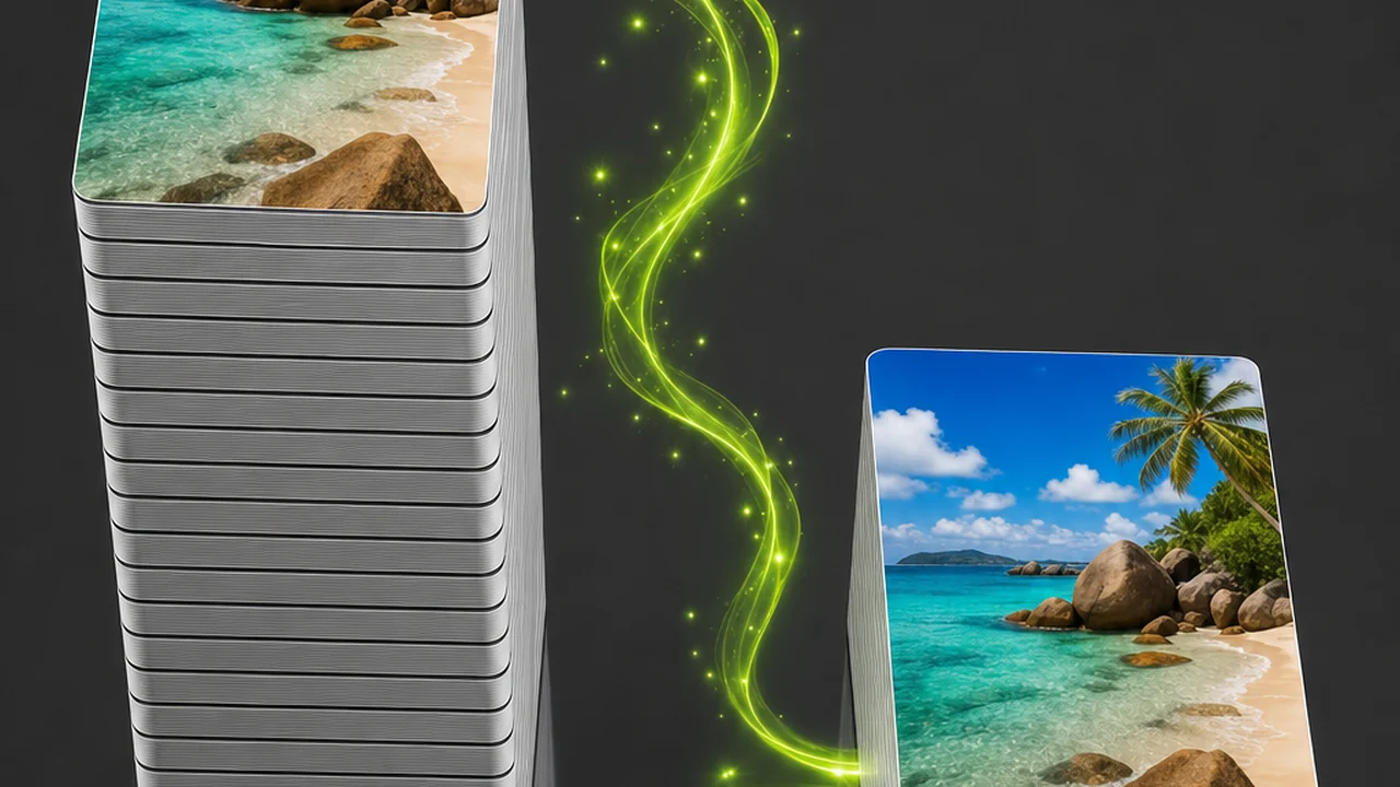 Two glossy columns of stacked cards side by side on a reflective floor, one tall and one short, lime ribbon measuring the difference, created with Pixazo AI