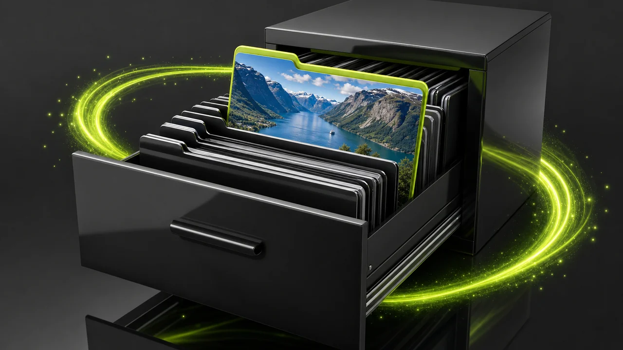 A glossy drawer pulled open crammed with thick glossy folders, one thin folder standing out and rimmed lime, created with Pixazo AI