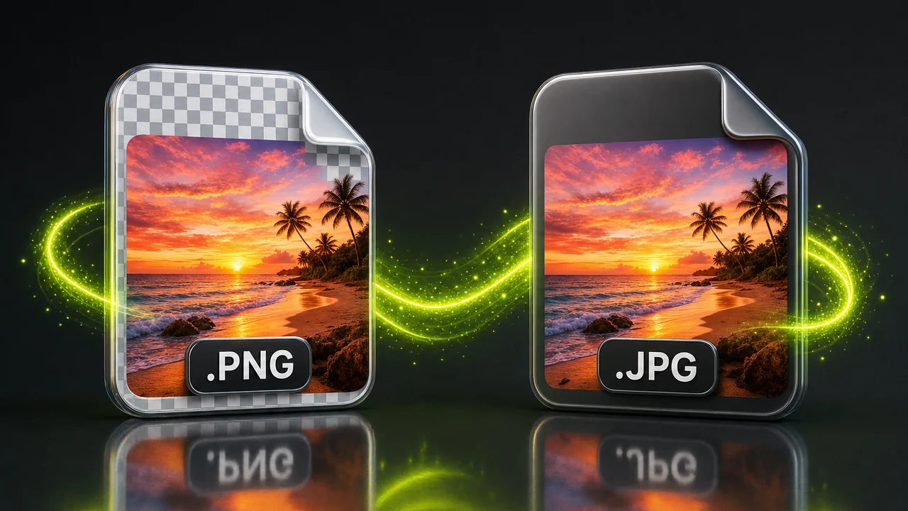 Two 3D file icons showing the same orange sunset photograph, the left labelled .PNG with a transparent checkerboard corner and the right labelled .JPG on a solid background, joined by a lime energy ribbon, created with Pixazo AI