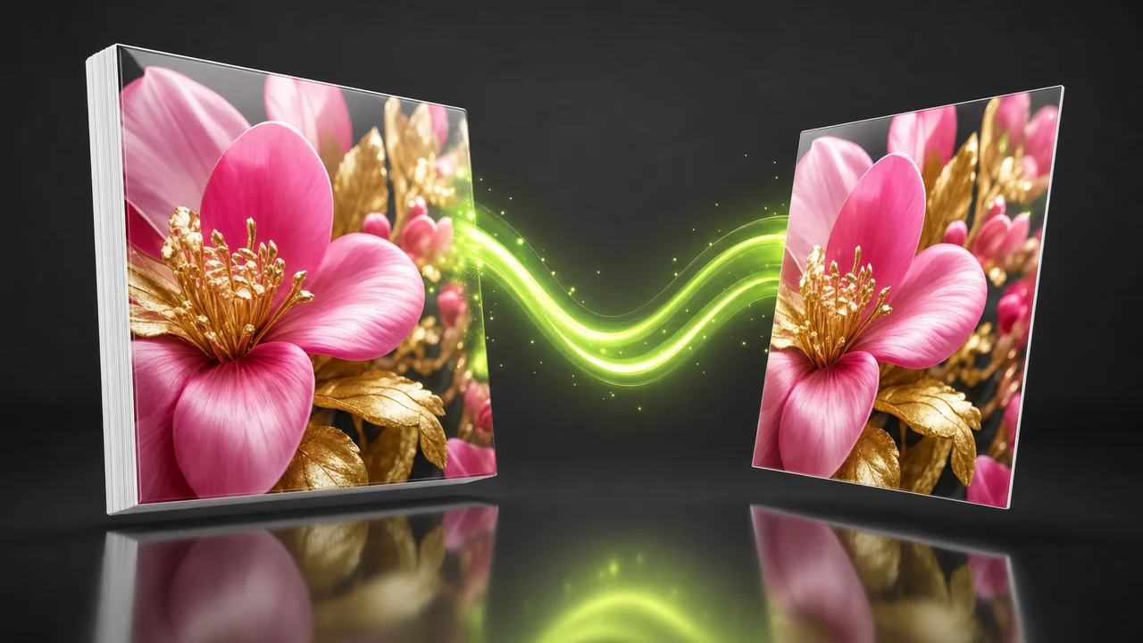 Two prints of the same pink and gold floral photograph floating side by side and joined by a lime energy ribbon, the left noticeably thicker than the right, created with Pixazo AI