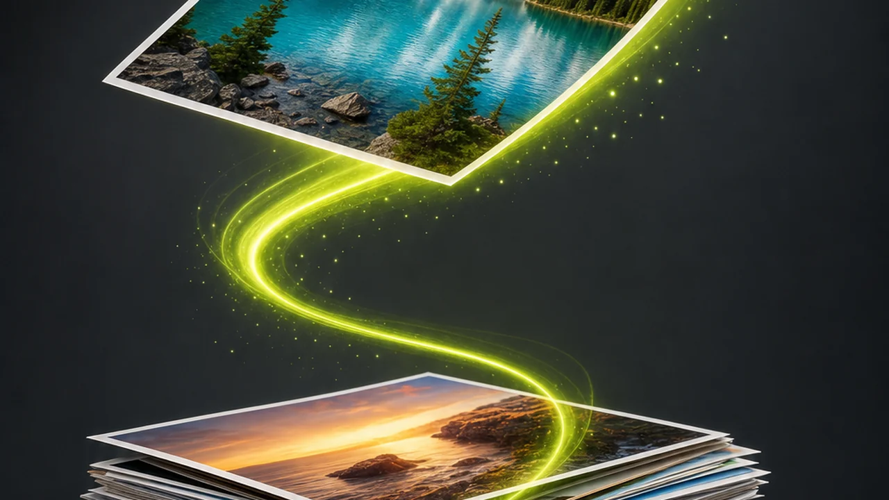One colourful photo print lifting clear of a stack of other prints on a lime energy ribbon, sparkles trailing behind it, created with Pixazo AI