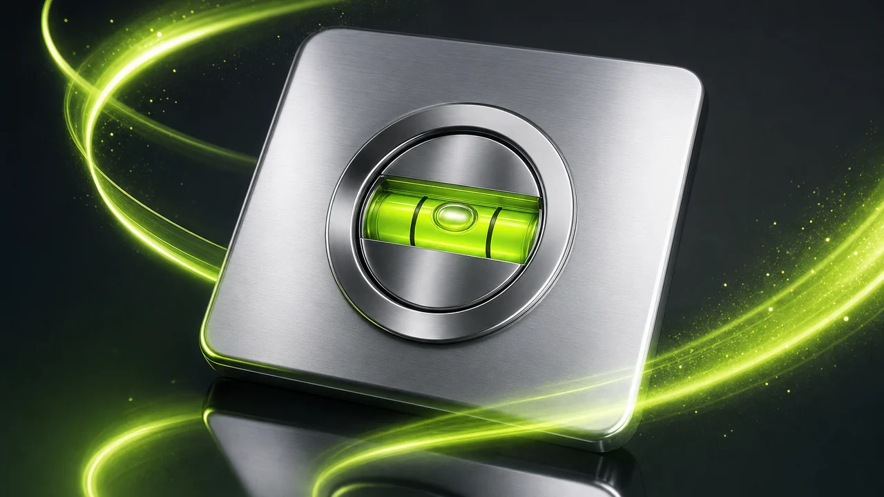 A circular bubble level set into a brushed metal plate, its bubble glowing lime and centred inside the ring, created with Pixazo AI