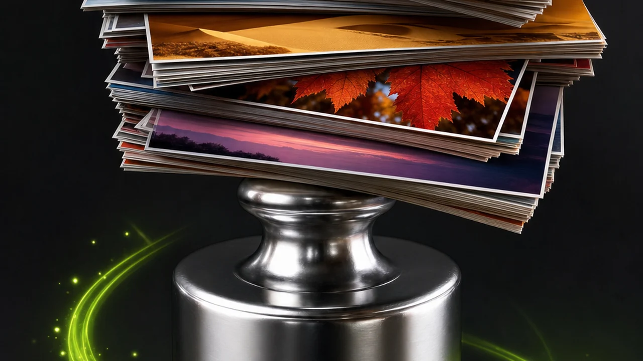 A thick stack of colourful photo prints balanced on top of a single heavy 3D calibration weight, a lime energy ribbon curling around its base, created with Pixazo AI