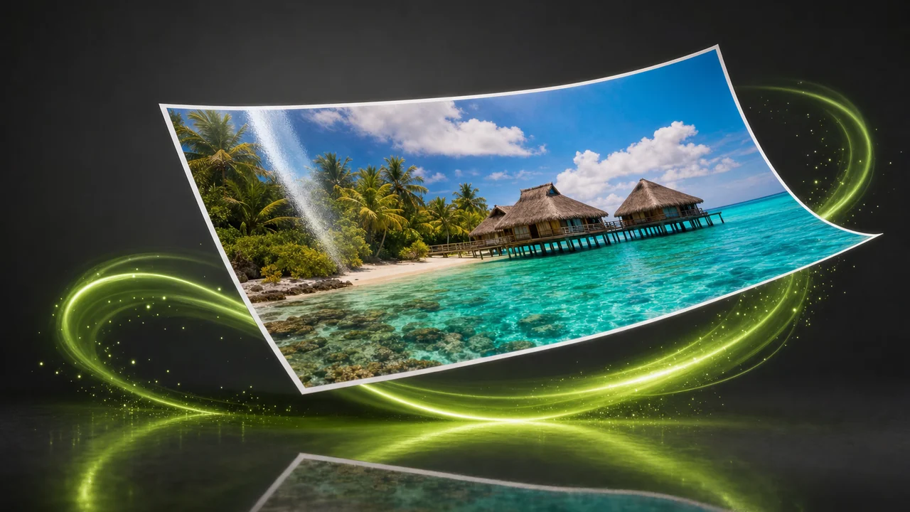 One glossy print of a turquoise tropical scene floating above a lime energy ribbon that curls beneath it, created with Pixazo AI