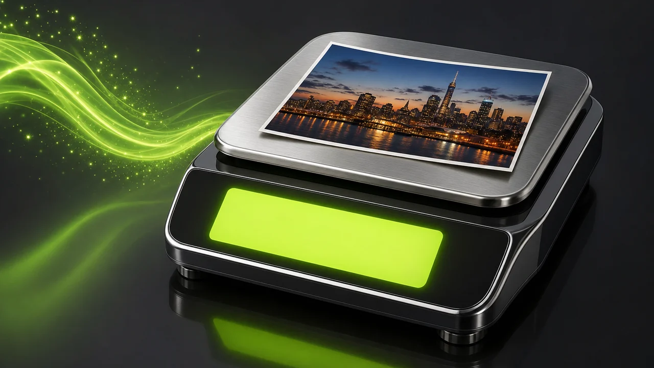 A 3D weighing platform with a blank glowing lime display panel and a colourful cityscape photo print resting on its pan, created with Pixazo AI
