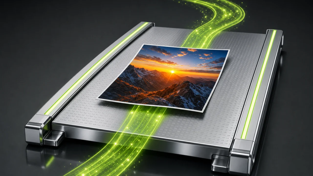 A colourful mountain sunrise photo print riding across a 3D weighbridge platform edged with glowing lime guide strips, created with Pixazo AI
