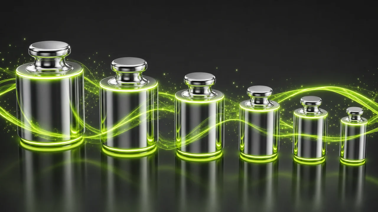 A row of 3D calibration weights descending in size, each ringed in glowing lime and threaded together by a lime energy ribbon, created with Pixazo AI