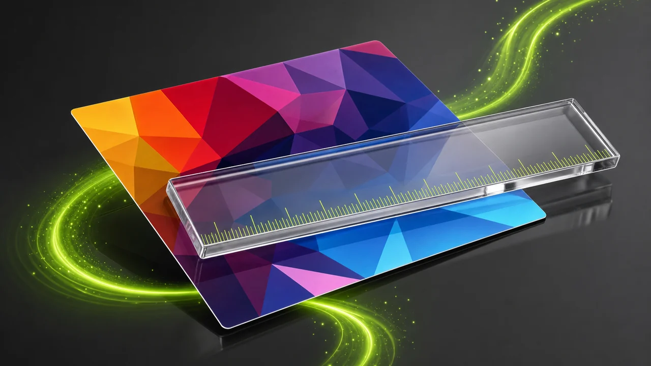 A glossy grid ruler laid across a bright printed card, lime tick marks along its edge, created with Pixazo AI