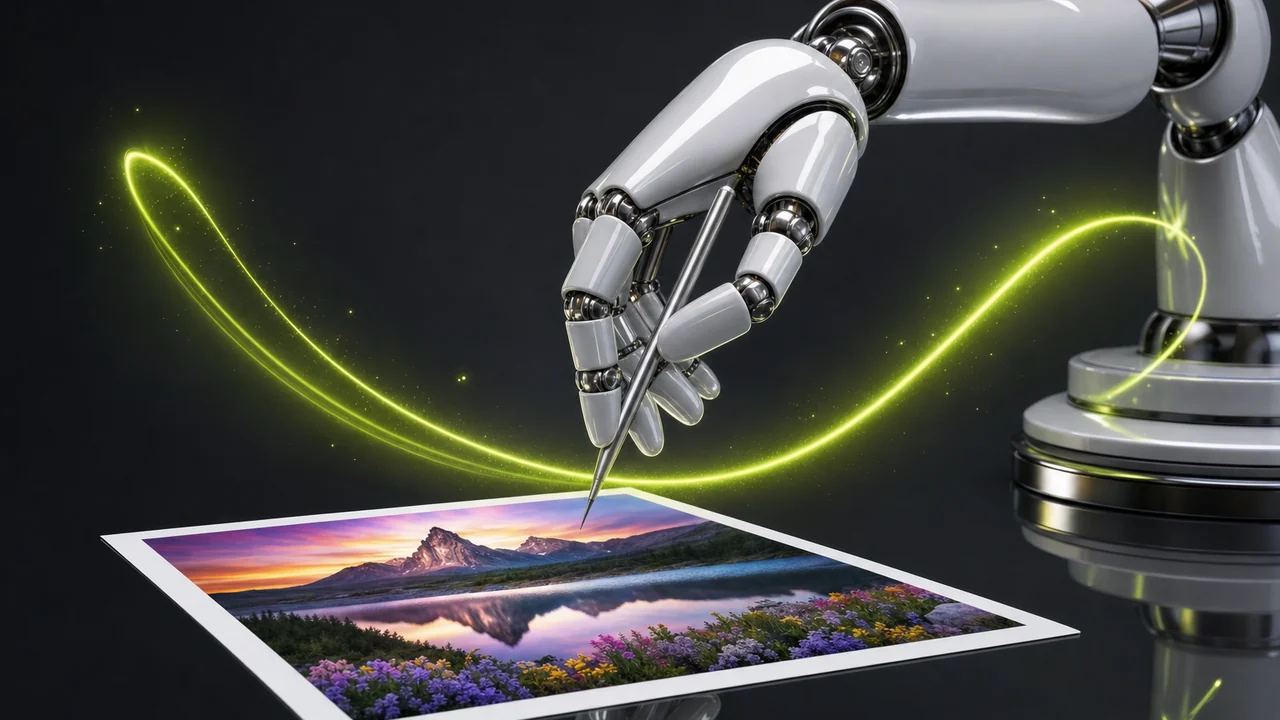 A glossy robotic arm holding a fine stylus above a bright printed card, created with Pixazo AI