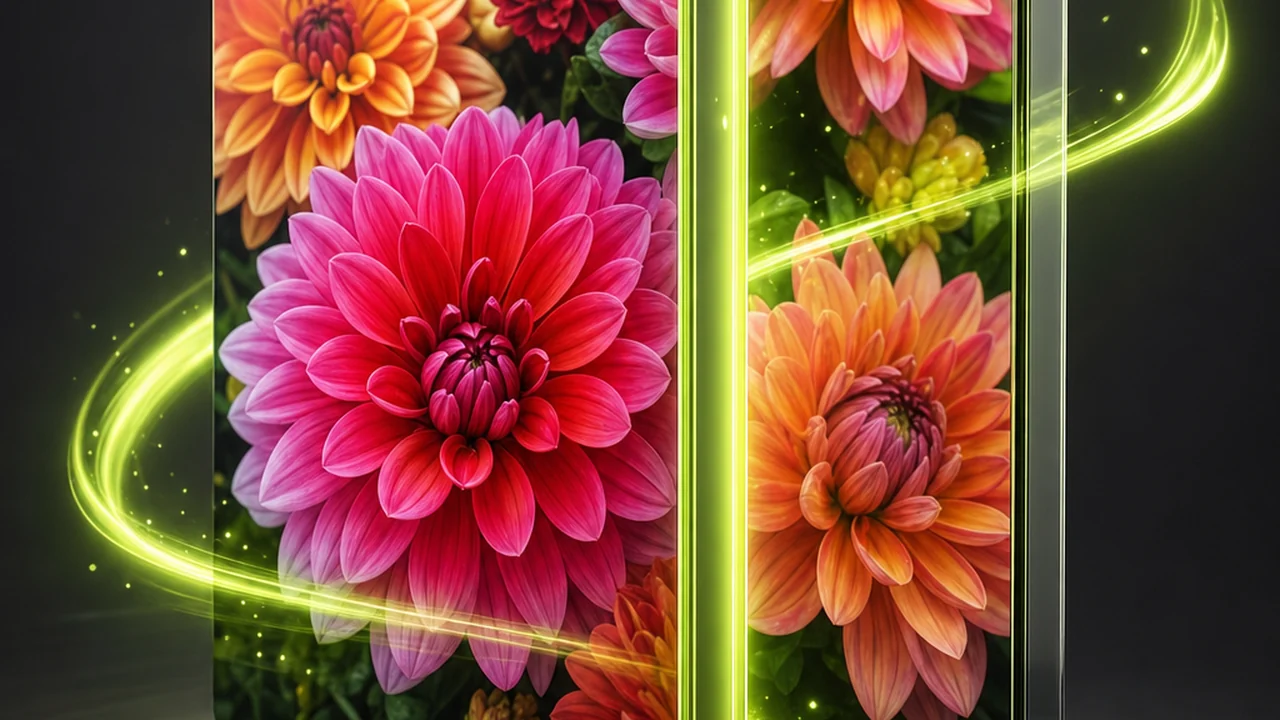 A glossy pair of nested picture panels standing apart, lime light in the gap between them, created with Pixazo AI