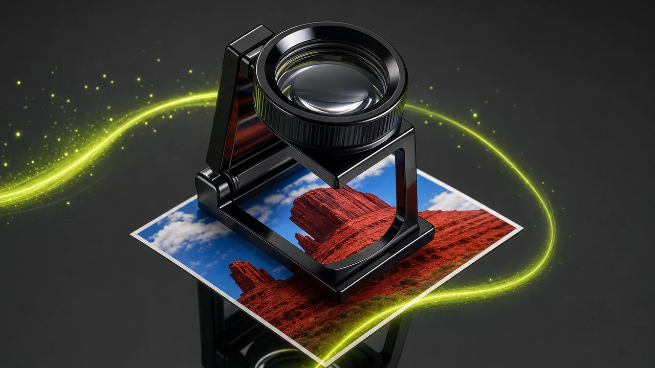 A glossy loupe standing on a reflective bench over a bright printed card, created with Pixazo AI